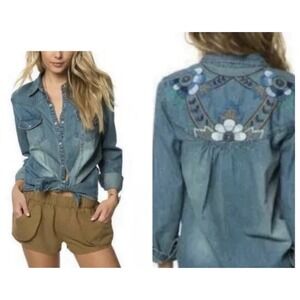 Ladies O'Neil Floral Embroidered Denim Shirt Size Medium